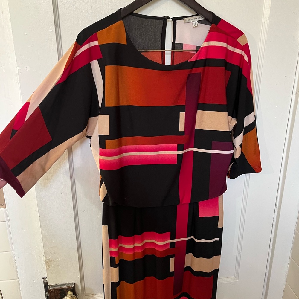 Sandra Darren Size 6 Bold Geometric Colorblock Sheath Dress | Red Black Tan